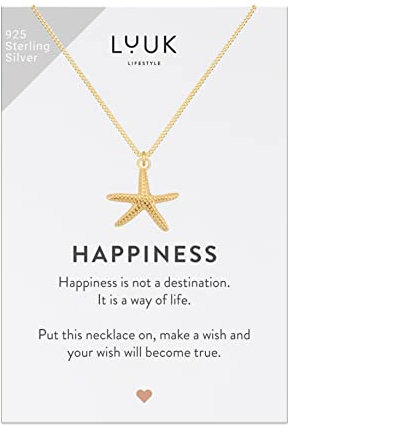 LUUK LIFESTYLE Halskette aus 925er Sterlingsilber mit Seestern Anhänger, mit HAPPINESS Geschenkkarte, Meer und Sommer Motiv, trendiges Design, Strandschmuck, Reisecharme, Gold