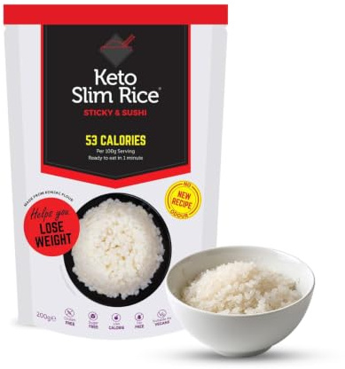 Eat Water Slim Sticky Rice– Konjac Low Calorie Rice Alternative, Ready to Eat No Drain Shirataki Rice for Sushi & Meals | Low Carb, Keto Friendly, Vegan, Gluten Free & High Fibre Rice 200g (Pack of 5)
