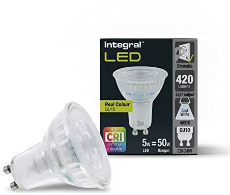 Integral LED 10 Packs Real Colour Premium GU10 dimmable Cool White Bulb – Reveal The Real Colours in Your Home (CRI95) with The Closest GU10 to Natural Sunlight, AMILGU10DE113-10
