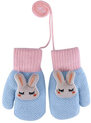 LONTG Moufle Enfant Hiver Gants Tricoté Chaud Garçon Fille 4-8 Ans Gants avec Ficelle Anti-Perdue Mitaines Complet Thermique Motif Lapin Mignon Gants Doublure Polaire pour Ski Neige Extérieur