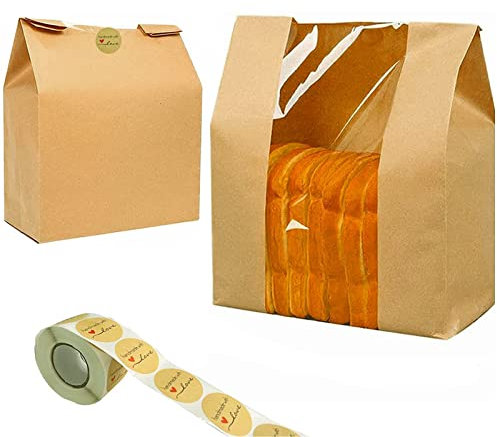 NOONEAST 100 Pack Paper Bread Bags for Homemade Bread Large Loaf Bag with Clear Front Window 14 x 8.3 x 3.5 500pcs Homemade with Love sticker, Food Packaging Storage Popcorn Cookie Treat Bakery Bag