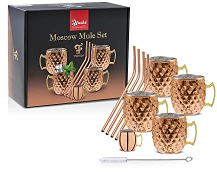 COCKTAIL Moscow Mule Set Diamond - 4 Becher à 450ml, 1 Jugger, 4 Strohhalme und Reinigungsbürste - kupferfarbener Edelstahl