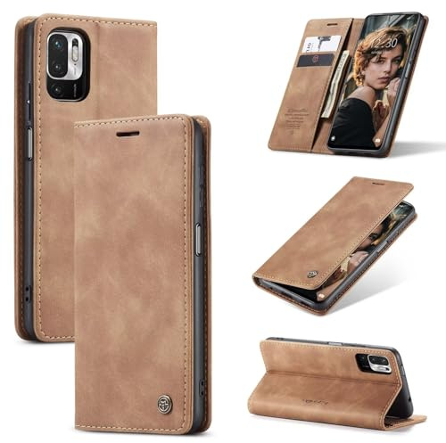 SLWYF Coque pour Xiaomi Poco M3 Pro 5G/Redmi Note 10 5G, Etui Protection Housse Premium en Cuir PU, Pochette Fermeture Magnétique [Fentes pour Cartes] Flip Case Compatible avec Poco M3 Pro 5G, Brun