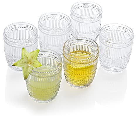 1500° C TABLETOP Vintage-Wassergläser, 280 ml, Set mit 6 romantischen Hobnail-Trinkgläsern, geprägte Vintage-Trinkgläser für Bier, Cocktail, Limonade, Getränke