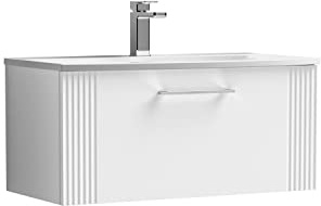 nuie DPF196G Deco Modern Bathroom Wall Hung 1 Drawer Part Fluted Vanity Basin Unit with Curved Ceramic Basin, 800mm, Satin White