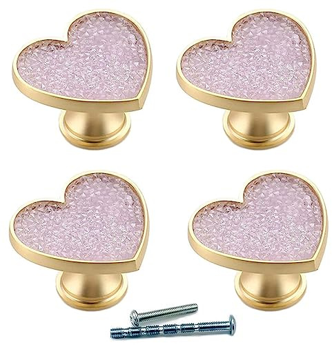 YOUYOUULU 4 Stück glänzende lila Kristall-Diamant-Schubladenknöpfe, goldene Messing-Herz-Kommoden-Ziehgriffe, Love Mid-Century Schrank-Schrank-Griffe (Lila Kristall)