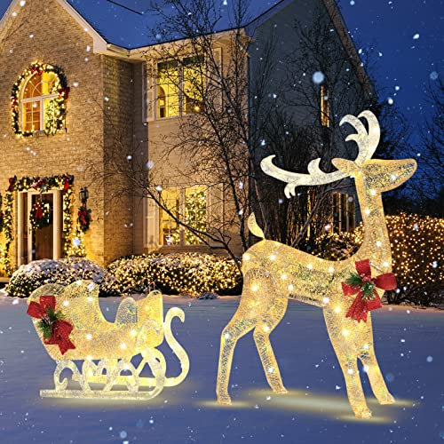 GOPLUS Reno y Trineo de Navidad Decorativo con Luces LED, Decoración Navideña Exterior Iluminada con Lazos y Estacas de Suelo, Decoración de Navidad para Interior Exterior Jardín Patio Césped