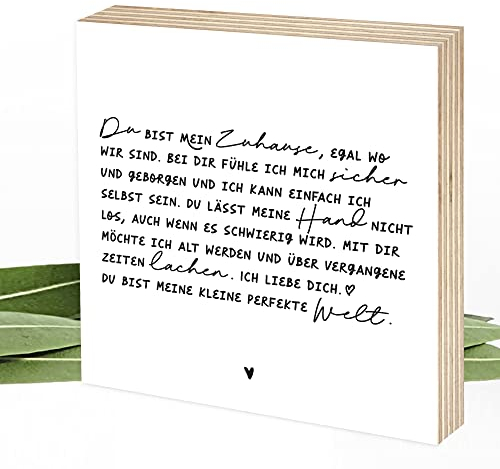 Wunderpixel® Holzbild Du bist mein Zuhause - Liebeserklärung in Schreibschrift - 15x15x2cm zum Hinstellen Aufhängen - schwarz-weißes Holz-Schild Wand-Bild Aufsteller Geschenk Aufmerksamkeit