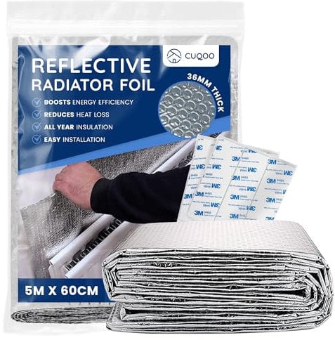 CUQOO Film réflecteur pour radiateur - 5 m x 60 cm - 36 mm d'épaisseur - Rouleau de feuille réfléchissante pour radiateur - Économie d'énergie - Rouleau de feuille isolante à bulles - Déflecteur de