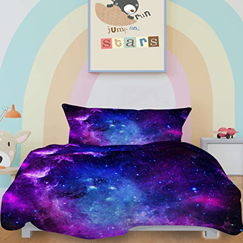 YUANZU Galaxy-Bettbezug-Set, Einzelbett, für Kinder, Jungen, Bettwäsche-Set, 2-teilig, lila, Blauer Nebel, Universum, weiche Mikrofaser, Bettbezug mit Reißverschluss (135 x 200 cm und 1 Kissenbezug)
