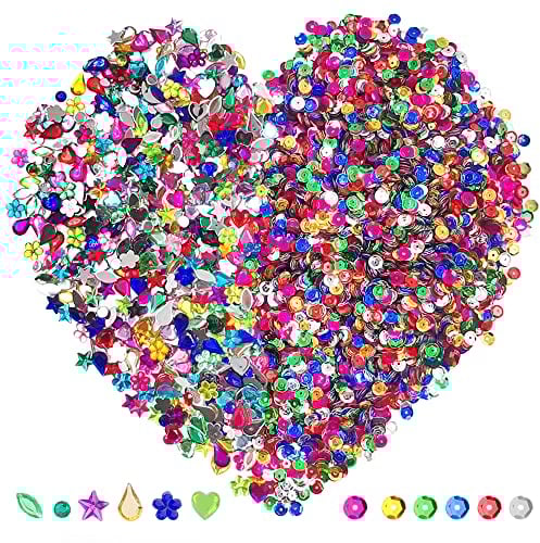 DaKuan 20.000 Stück 6 mm lose Pailletten und 600 Stück Basteledelsteine, Acryl, flache Rückseite, Strasssteine, Edelsteine für Bastelarbeiten, Schmuckherstellung, 6–13 mm