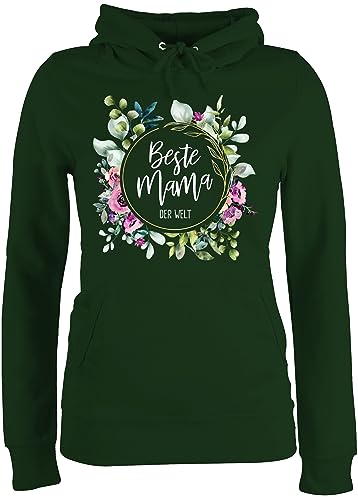Pullover Damen Hoodie Frauen - Beste Mama der Welt Blumenkranz weiß - S - Dunkelgrün - Muttertag personalisiert Mutter Tage Geschenk Outfit für mutertaggeschenk Geschenke Moms Pulli mit Namen