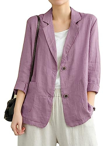 IDEALSANXUN Blazer da donna in cotone e lino, a maniche lunghe, ampio, casual, Viola, Small