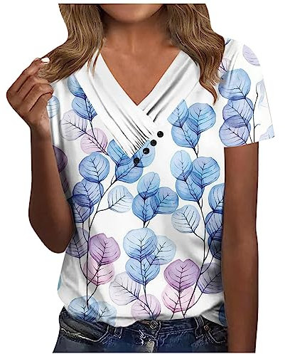 Azruma T Shirt Damen Grosse GröSsen Bluse Damen Weiß Partner Tshirt Casual Drucken Plissee Button Down V-Ausschnitt Kurzarm Tshirt Elegant Tunika Oberteile Spitzenbluse Damen (2-Blue, L)