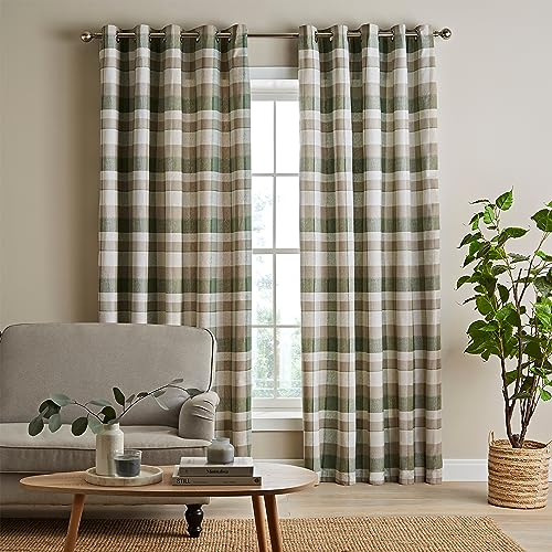 Catherine Lansfield Brushed Cotton Thermal Check 46x72 Inch Lined Eyelet Curtains Two Panels Green