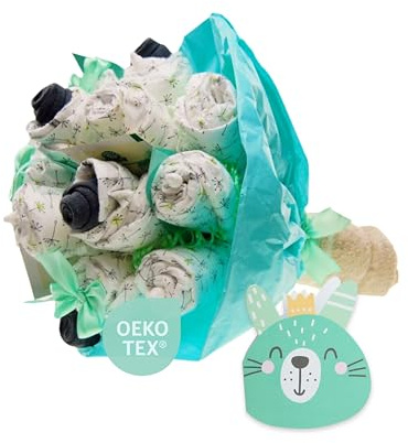 Windeltorte ® Strauß Bukett [BLUMENSTRAUSS] - Jungen & Mädchen - Geschenk zur Geburt - Babyparty - Pullerparty - Windeln - Torte kaufen (Neutral/Mint - Unisex)
