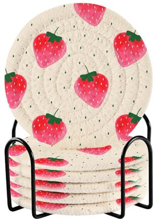 Untersetzer für den Schreibtisch, Set mit Halter, 6 Stück, Wasserfarben, Rosa, Erdbeer-Untersetzer, Einweihungsgeschenk für Heimdekoration