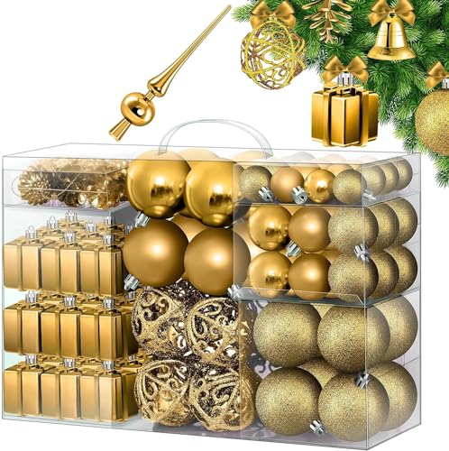 KESSER® Weihnachtskugeln 102-teiliges Set, mit Baumspitze Christbaumkugeln Kunststoff Bruchsicher mit Plastik Weihnachtsbaumkugeln Box Weihnachtsbaum Weihnachtsdeko Deko & Christbaumschmuck, Gold