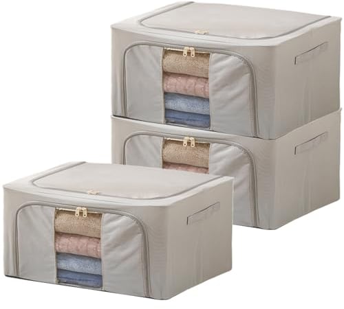 Goesort 3 Pack Clothes Storage Boxes with Steel Frame Support, 22L Moving Bag Wardrobe Storage Organiser Packing Boxes for Moving House with Clear Windows for Towel Duvet Sweater Bedding, Grey