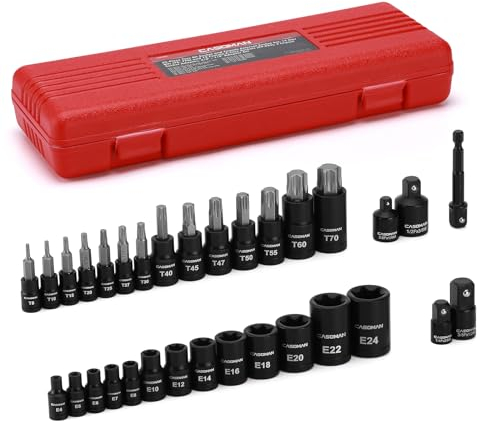 CASOMAN Jeu de 32 douilles Torx et douilles externes femelles, 14 embouts étoile (T8 - T70) et 13 douilles E-Torx femelles (E4-E24) - Avec 5 adaptateurs de douilles à choc
