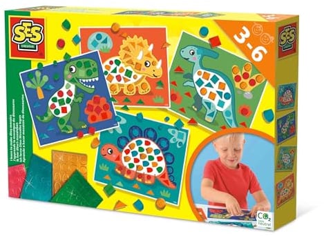 SES Creative 14830 Dinosaurier Mosaik Lernset für Kinder - Mit 4 großen Metallic-Mosaikkarten ab 3 Jahren, Diverse Farben
