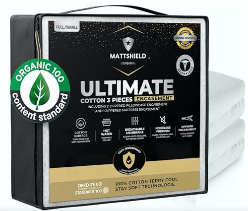 MATTSHIELD Ultimate 3-teiliges Set – Bettwanzensicherer Matratzenbezug mit 2 Kissenschonern, Bio-Baumwoll-Frottee-Oberseite – 6-seitiger wasserdichter Matratzenschoner mit Reißverschluss –