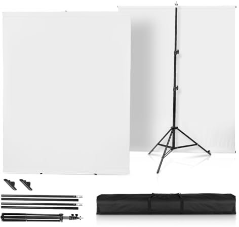 White Screen with Stand,Heorryn 2x1.5M Whitescreen Chromakey Background with Photography Support Stand Kit for Photoshoot Stream Gaming Photo Video Recording