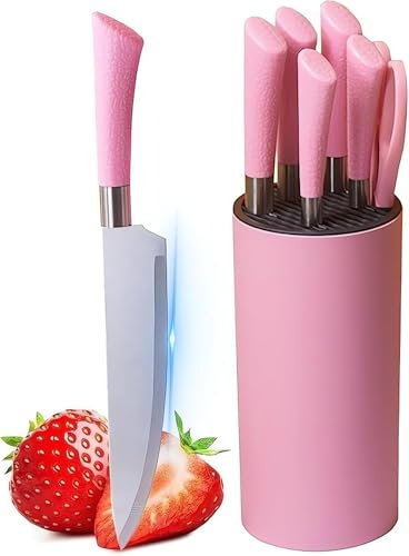 Kitchen Knife Set, 7-Pieces Pink Non-Stick Chef Knife Set with Storage Block, PP Handle Ultra Sharp Stainless Steel Cooking Knives with Present Box for Girls Women