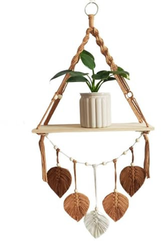 90x40 cm Boho Makramee Holzregal Wandbehang Makramee Girlande Gewebte Blatt Wandteppich Wandregal Wanddeko für Wohnzimmer, Schlafzimmer, Badezimmer, Flur (Braun)