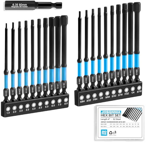 Impact Hex Head Allen Wrench Drill Bit Set - 20PC 4 Long Hex Shank (Metric & SAE), S2 Steel CNC Machined Bits, Extension Socket & Storage Case, Impact Ready for Drills and Drivers