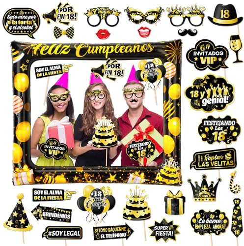 Photocall Feliz 18 Cumpleaños 28Pcs Accesorios + Marco Hinchable Oro Negro