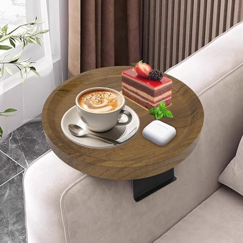 Yesaler Sofa-Tablett aus Holz Einstellbarer Runden Couch Tablett Wasserdicht Sofa Armlehne mit Metallbeinen für Snacks Handy Fernbedienung Durchmesser 30 cm Holzfarbe