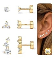 925 Sterling Silver Flat Back Earrings for Women - Hypoallergenic 14K Gold Plated Stud Earrings Flower CZ Helix Tragus Conch Piercing Jewellery Flatback Cartilage Studs Earrings Golden CZ