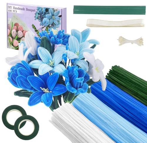 400pcs Pipe Cleaners for Craft, Pipe Cleaners for Tulip Bouquet， | Fuzzy Sticks Craft Supplies for Flower DIY Craft Kit Gift，Chenille Stems DIY Arts & Crafts with Tutorial (Blue)