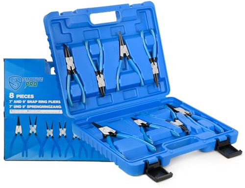 SMOTIVEPRO 8-teiliges Sprengringzangen Set Profi für Innen- und Außenringe, 170 und 220 mm, mit 45°, 90° und geraden Backen, aus robustem Chrom-Vanadium-Stahl