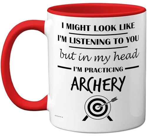 Stuff4 Archery, in My Head Mug | Funny Gift for Archery Lover Women and Men, 11oz Premium Ceramic Dishwasher Safe Red Handle Mugs Novelty Cup