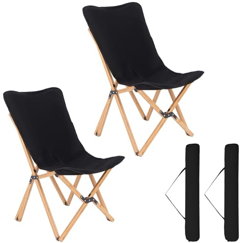 COSTWAY Campingstuhl faltbar 2er Set, Klappstuhl mit Leinen Sitzfläche und Bambusgestell, Faltstuhl bis 150 kg belastbar, inkl. Tragetasche, für Camping, Draußen und Drinnen, Schwarz