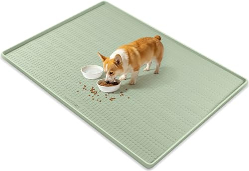 Kalolary 47 x 35 Silicone Dog Food Mat, Waterproof Pet Feeding Mat with Raised Edge, Extra Large Dog Bowl Mat Non-Slip Water Bowl Placemats for Dogs, Protects Floors, Easy to Clean (Light Green)