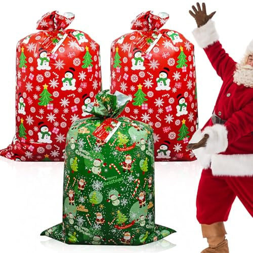 Dmnnlp 3 Pack Extra Großer Weihnachtssack 91x142cm, Riesen Weihnachtsgeschenkbeutel mit Zugband & Karten, Übergroße Weihnachts-Tüten für Geschenke (2Rot, 1Grün)