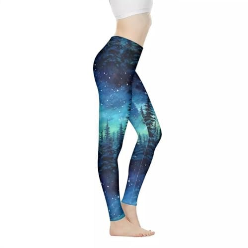 Rivatimrio Galaxy Forest Tummy Control Seamless Leggings for Women, Star Pine Tree Stretch Full Length High Waist Yoga Pants, Starry Sky Scrunch Butt Lifting Elastic Workout Tights - L