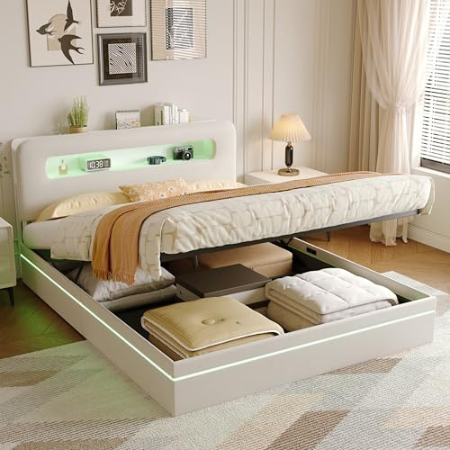 JYNVO Polsterbett 160x200 mit Stauraum, LED-Lichtern und Schaumstoff-Kopfteil, Hydraulischer Stauraumbett, Doppelbett, Bettgestell, Lattenrahmen, Samt, beige, ohne Matratze