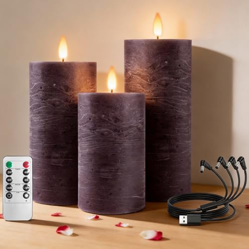 RosMank 3er Set LED-Kerzen, mit 10-Tasten-Fernbedienung, Flammenlos, aus Echtem Wachs, Dekoration für Weihnachten, Geburtstag, Hochzeit und Party (Lila)