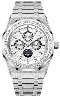 ROLENDO Uhren Herren Automatik mit Achteck-Gehäuse, Frosted Edelstahl Armband - Diamantbesetzter Bezugsrand, Datum & Tag/Nachtanzeige, Luxus Armbanduhr für Business & Freizeit