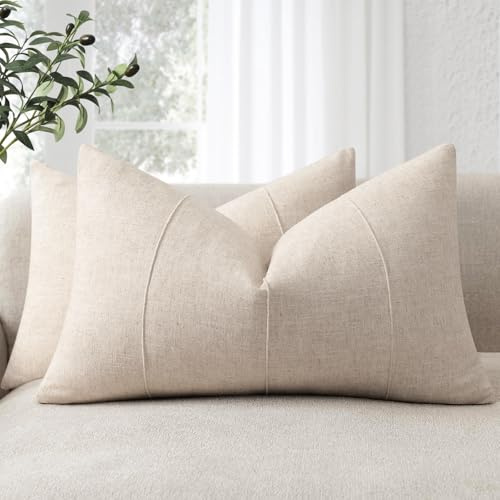 ZWJD Natur-Leinen Kissenbezug 40x60 2er Set Weiche Kissenbezüge in Beige Einfarbige Sofakissen Kissenhüllen mit Streifenmuster für Couch, Bett, Schlafzimmer und Wohnzimmer, Moderne Dekokissen