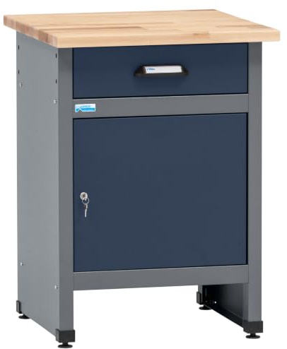 Küpper Werkbank Werkbank 12393, 60x84x60 cm, 1 Schublade, 1 Tür, 300 kg Traglast, 30 mm Massive Buchenarbeitsplatte (Dunkelblau, 60 cm)
