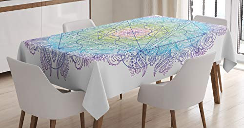ABAKUHAUS Ethnisch Tischdecke, Metatron Würfel auf einem Mandala, Pflegeleicht mit Modernster Druck Technologie Waschbar und Personalisiert, 140 x 200 cm, Weiß Lila Blau