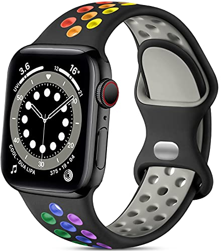 Epova Sport Armband Kompatibel mit Apple Watch Armband 42mm 44mm 45mm 46mm 49mm, Atmungsaktives Weiches Silikon Armband Kompatibel mit iWatch SE Series 10 9 8 7 6 5 4 3 2 1 Ultra, Schwarz/Regenbogen