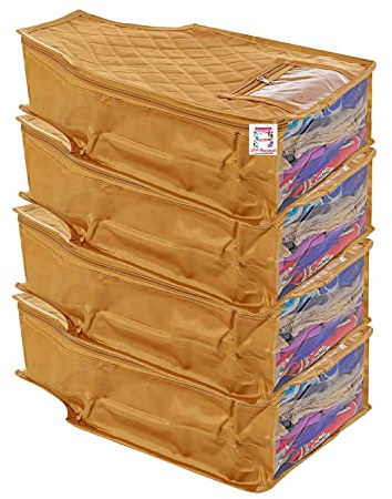 atorakushon 4 Piece Fabric Satin Blouse Cover Clothes Storage Bag Set With Transparent Window Wardrobe Garments Organizers (Golden)