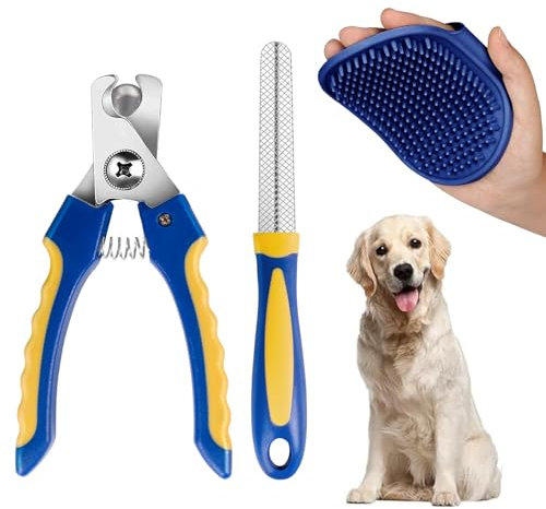 Kemowi 3 PCS Dog Nail Clippers, Safe Stainless Steel Professional Pet Nail Clipper, Nail File and Bath Brush for Large, Medium, Small Breed of Dog Cat with Safety Lock and Guard to Avoid Over Cutting