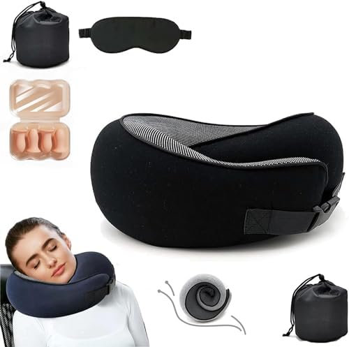 Flyhugz Nackenkissen 2024, Flyhugs Nackenreisekissen, Wander Plus Reisekissen, Memory Foam Reisekissen, Fly Hugz Verstaubares U-förmiges Kissen Set für Flugzeuge (Schwarz-b)